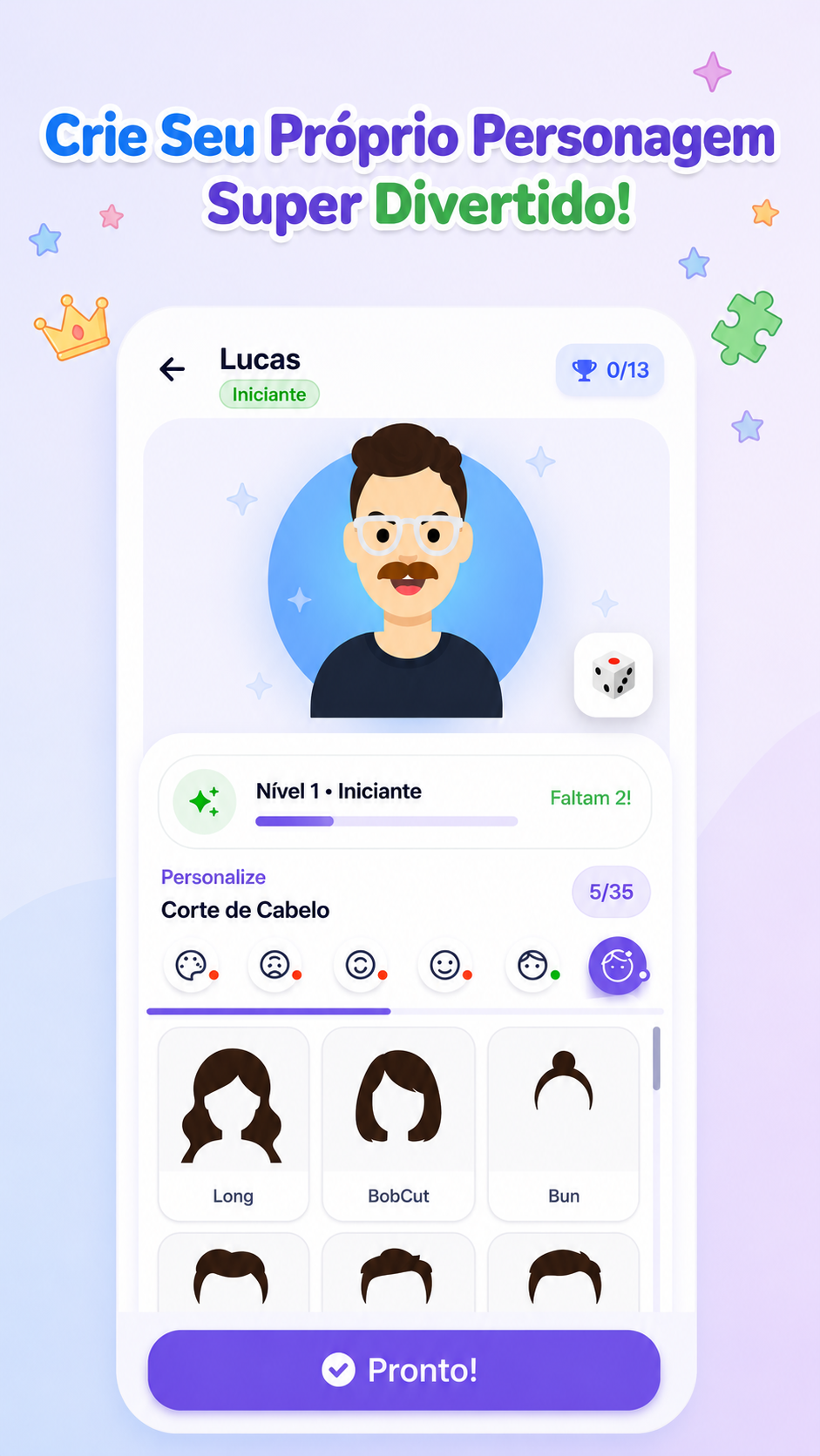 Tela de personalização do avatar do PlayEvo Kids com opções de corte de cabelo e progresso por nível
