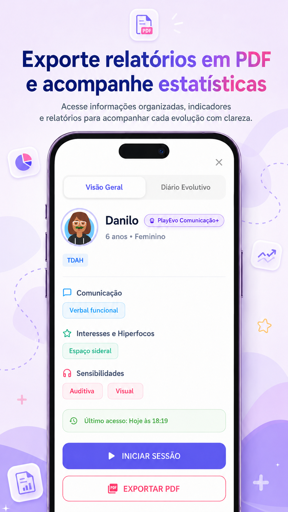 Tela de perfil e exportação do PlayEvo Kids com opção de exportar relatório em PDF e iniciar sessão